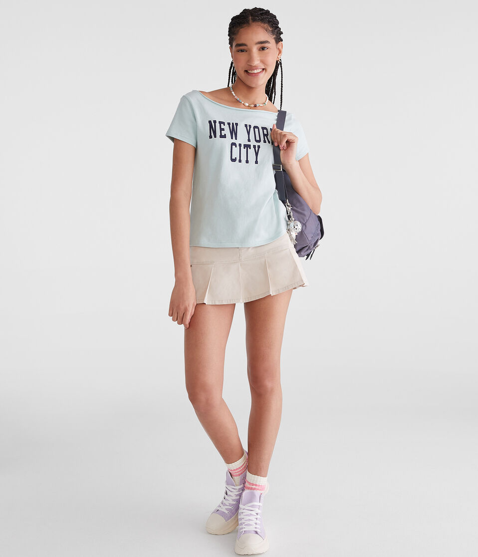 Aéropostale Seriously Soft New York City Off-The-Shoulder Vintage Fit Graphic Tee Blue Haze