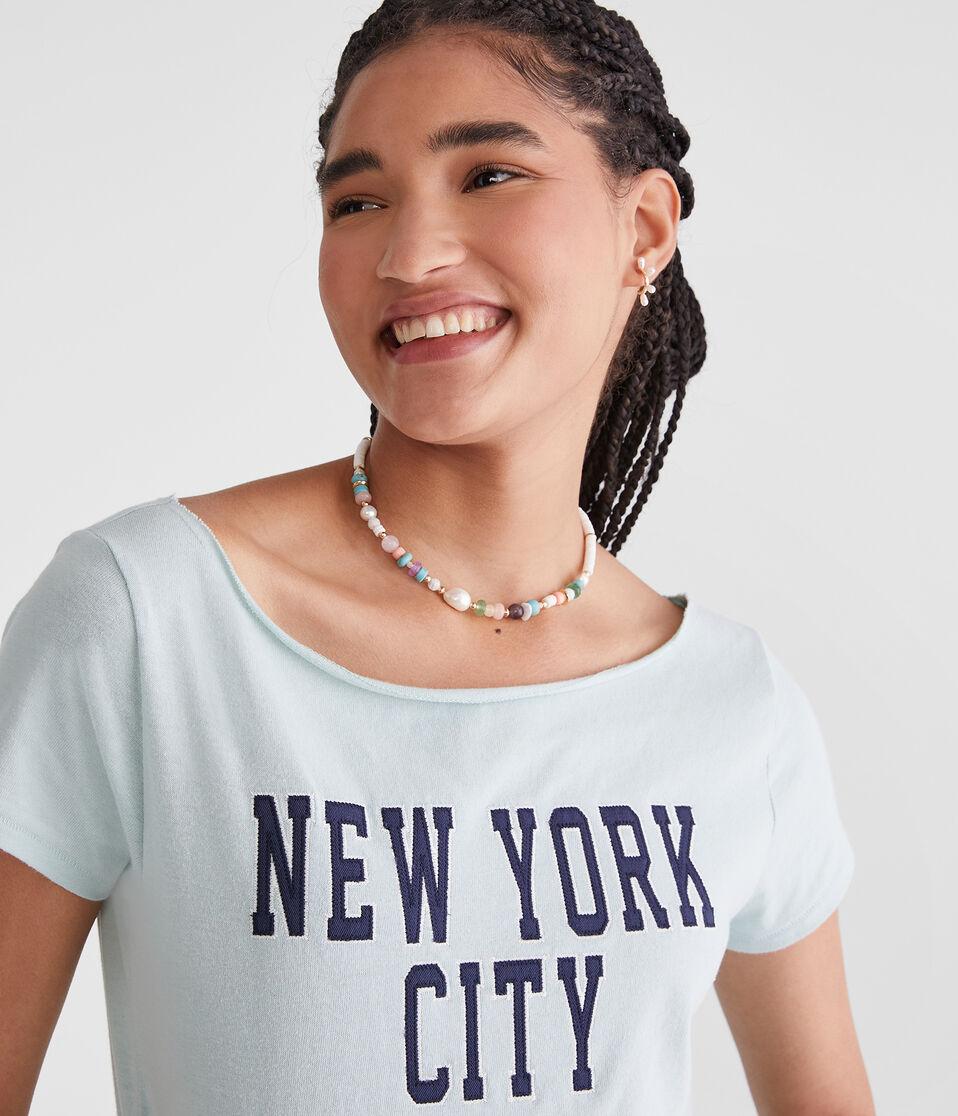 Aéropostale Seriously Soft New York City Off-The-Shoulder Vintage Fit Graphic Tee Blue Haze