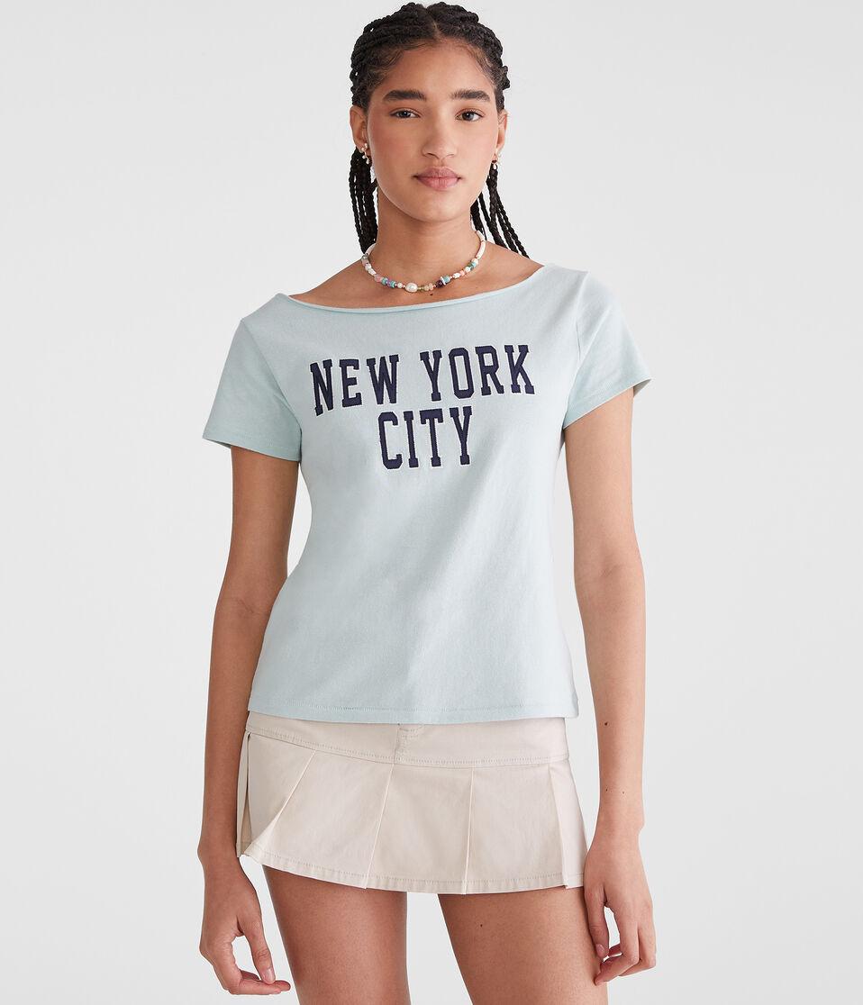 aéropostale Seriously Soft New York City Off-The-Shoulder Vintage Fit Graphic Tee blue haze