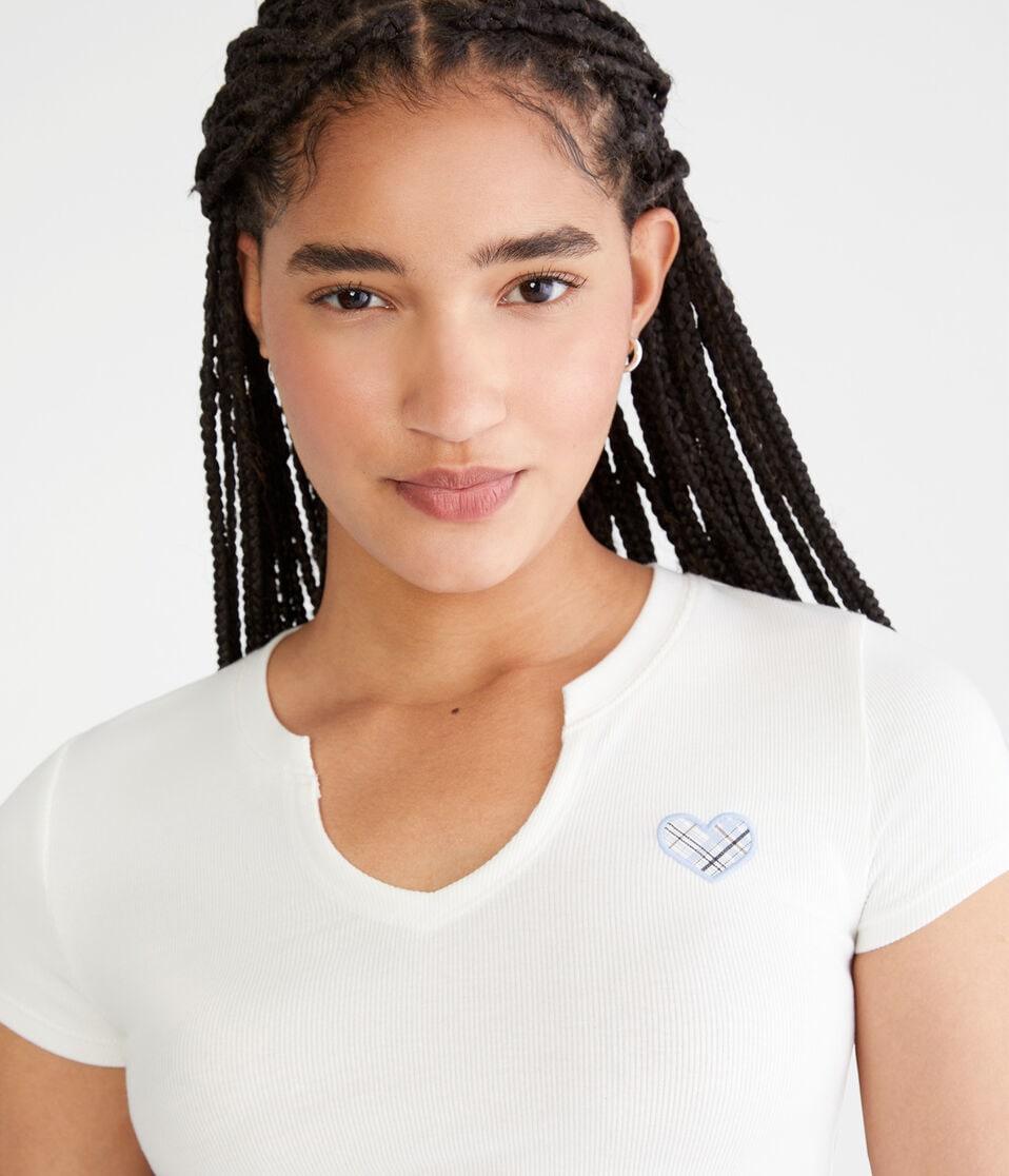 Aéropostale Seriously Soft Plaid Heart Notch-Neck Baby Tee Cream