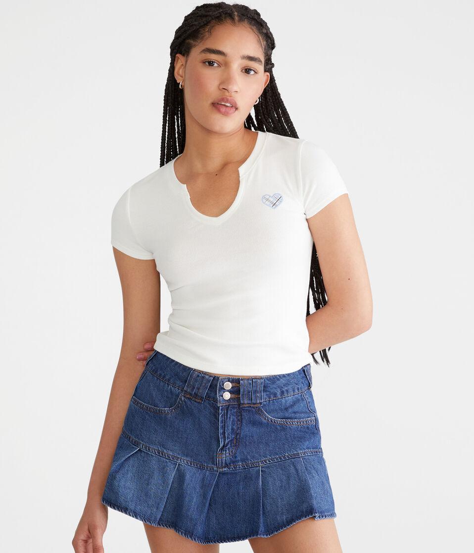 aéropostale Seriously Soft Plaid Heart Notch-Neck Baby Tee cream