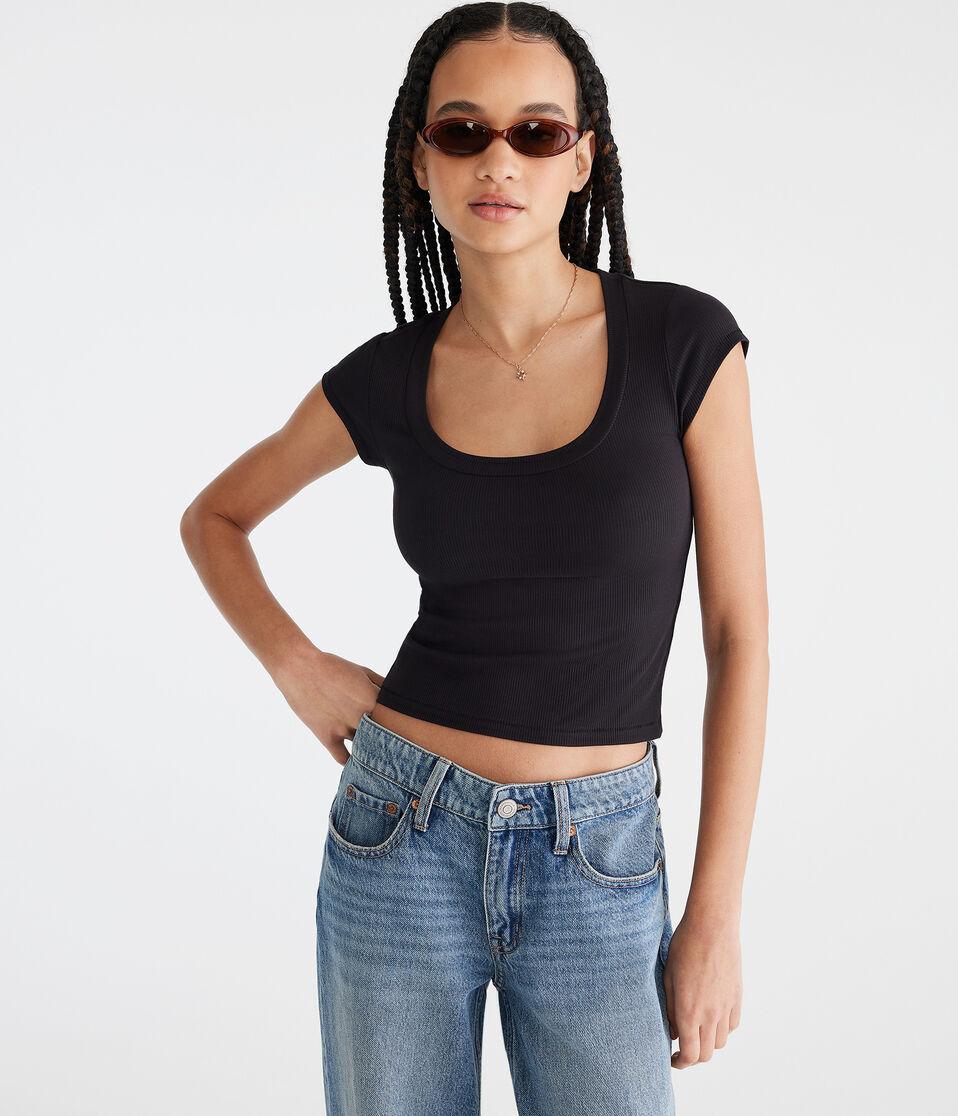 aéropostale Seriously Soft Ribbed Scoop-Neck Baby Tee black fox