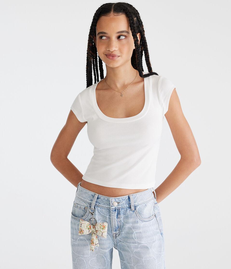 aéropostale Seriously Soft Ribbed Scoop-Neck Baby Tee cream