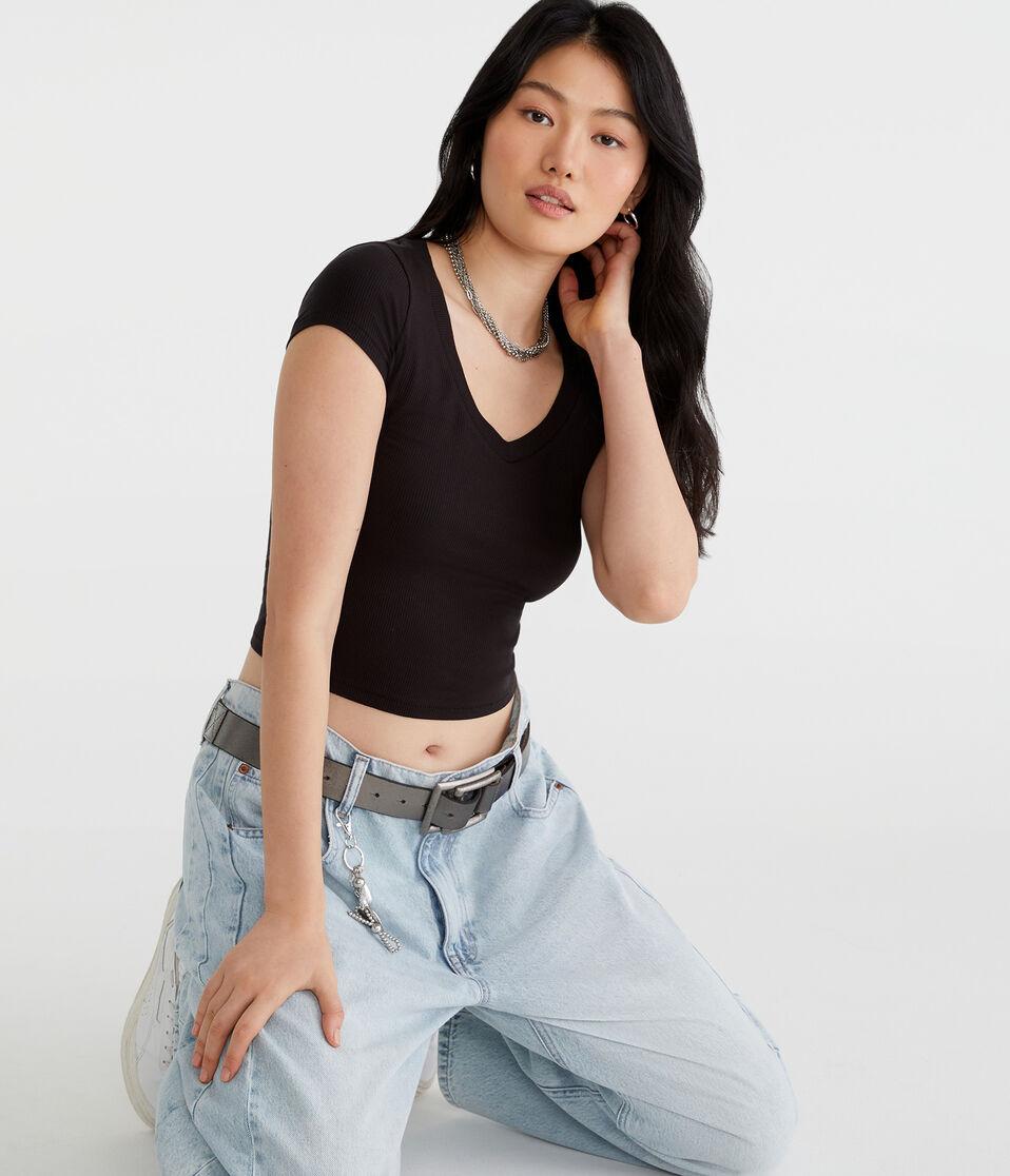 Aéropostale Seriously Soft Ribbed V-Neck Baby Tee Black Fox
