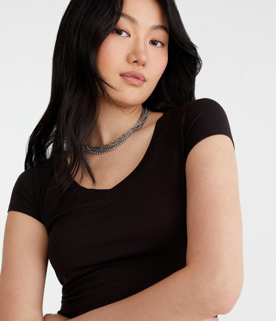 Aéropostale Seriously Soft Ribbed V-Neck Baby Tee Black Fox