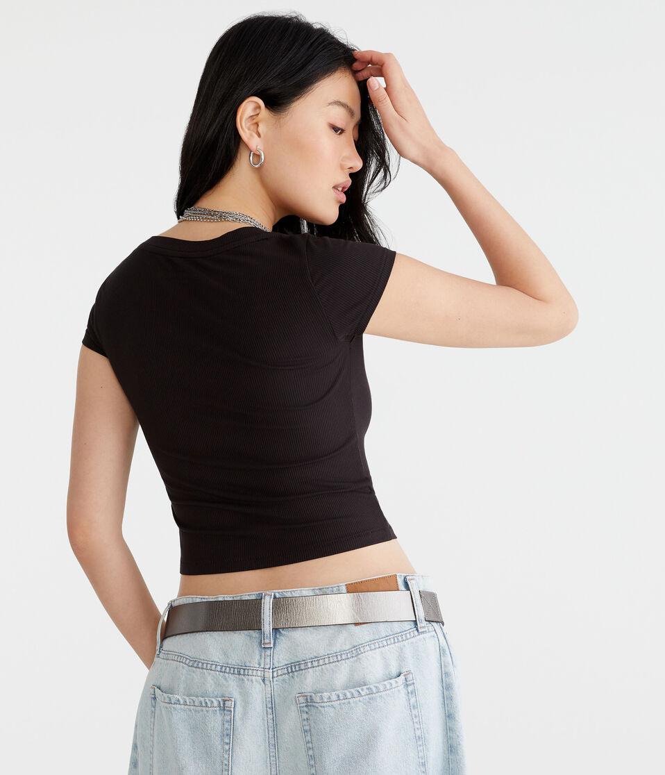 Aéropostale Seriously Soft Ribbed V-Neck Baby Tee Black Fox