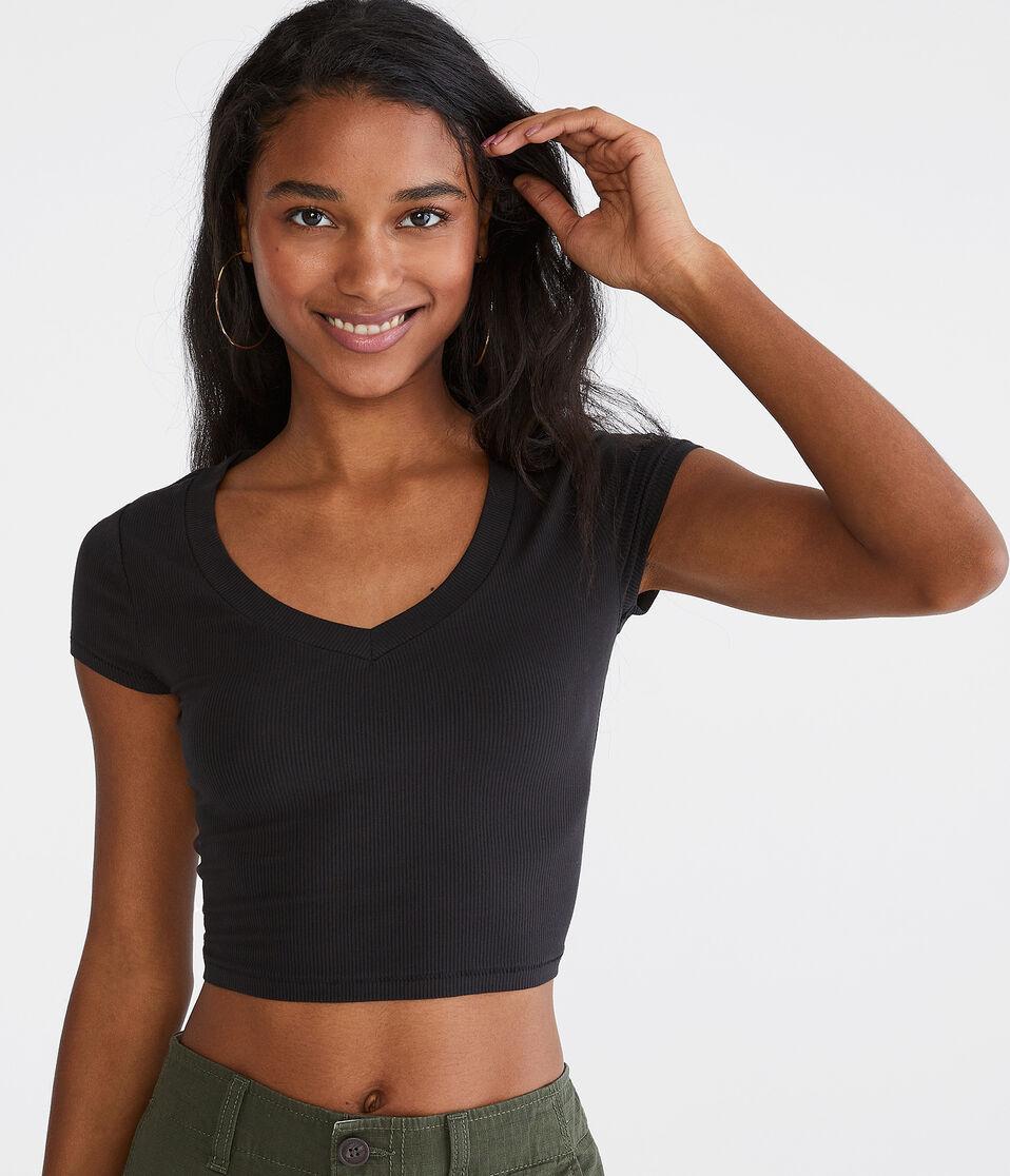aéropostale Seriously Soft Ribbed V-Neck Baby Tee black fox