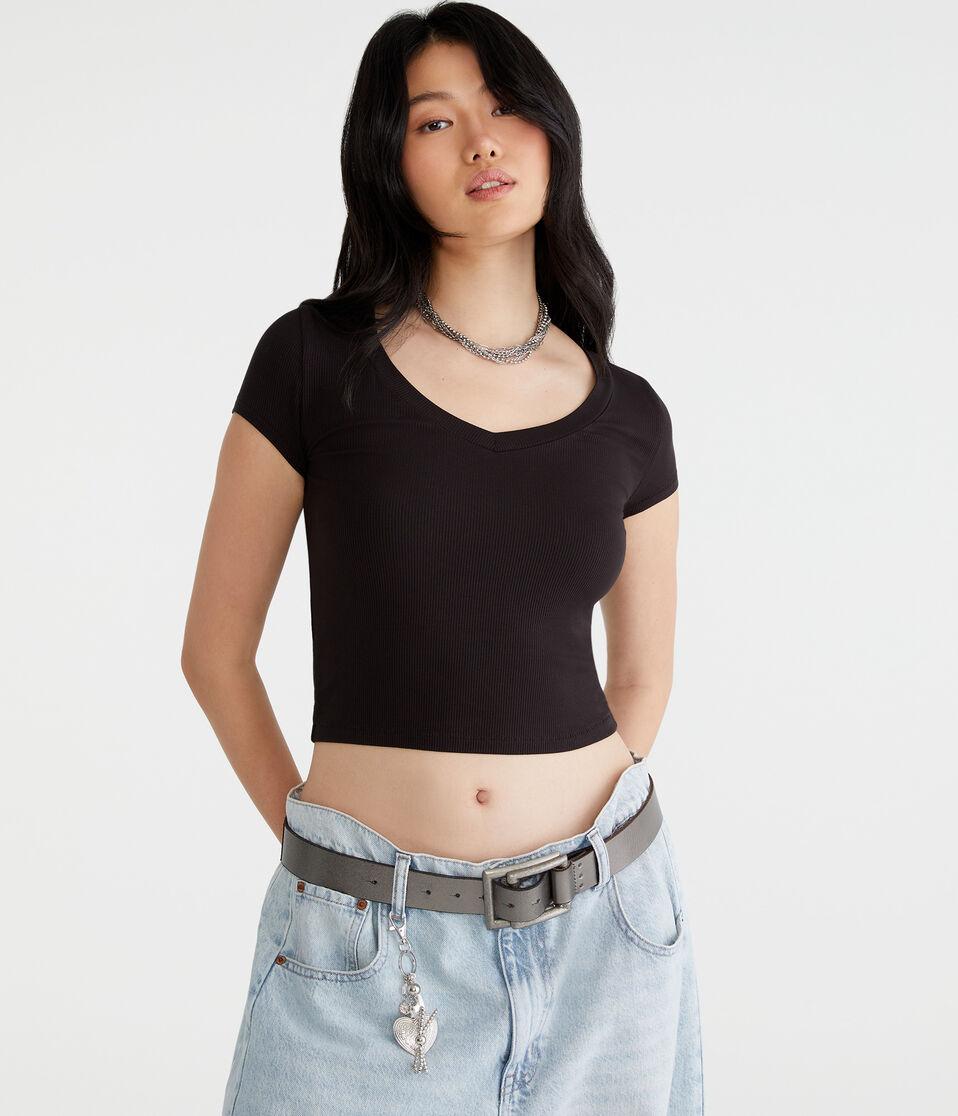 aéropostale Seriously Soft Ribbed V-Neck Baby Tee black fox