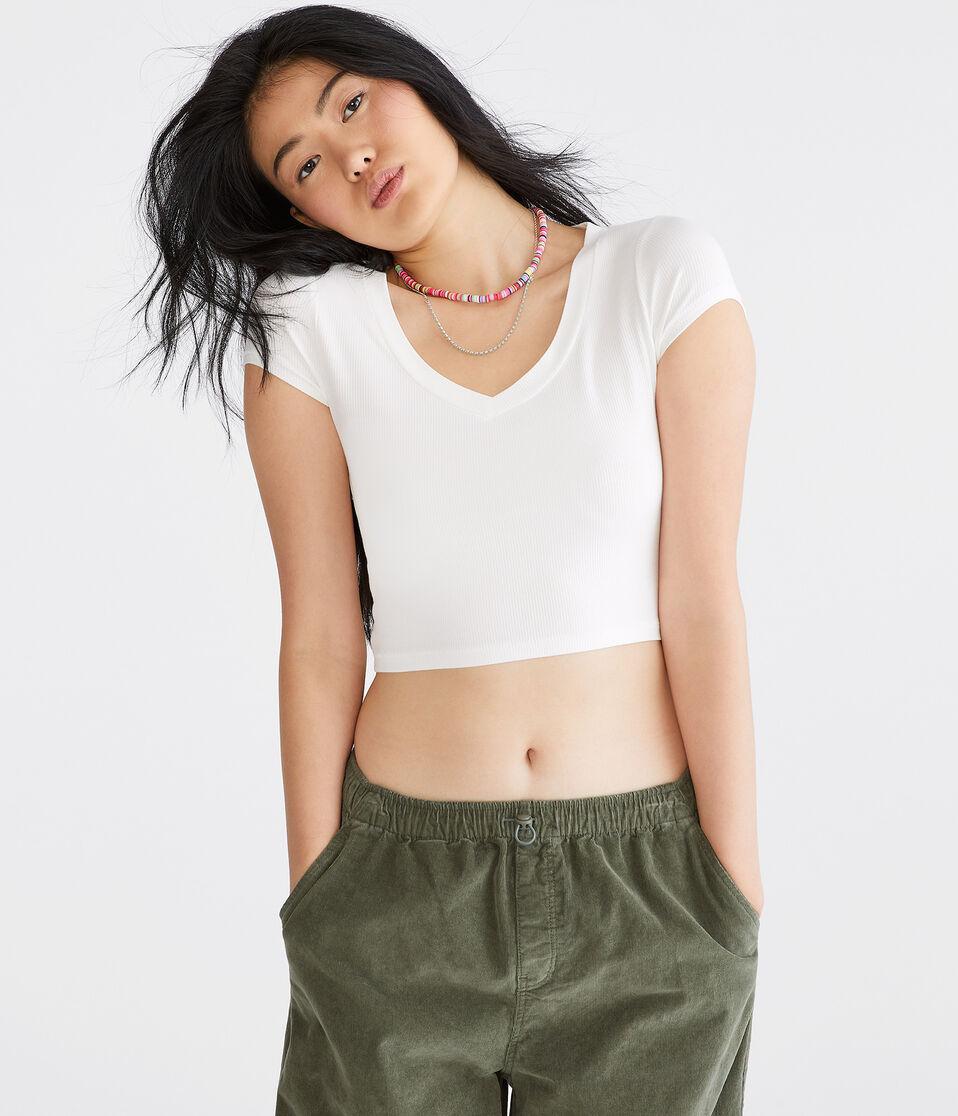 aéropostale Seriously Soft Ribbed V-Neck Baby Tee cream