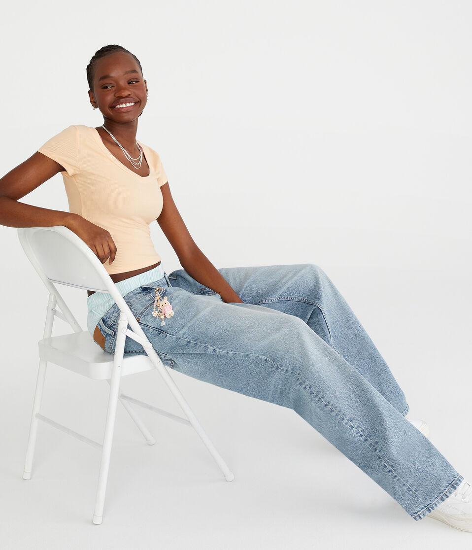 Aéropostale Seriously Soft Ribbed V-Neck Baby Tee Fresco Cream