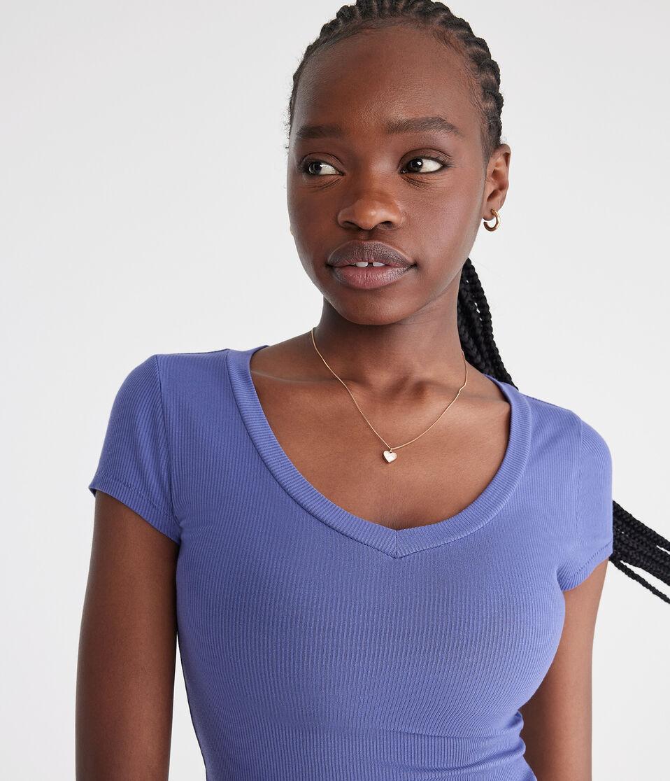 Aéropostale Seriously Soft Ribbed V-Neck Baby Tee Grecian Blue