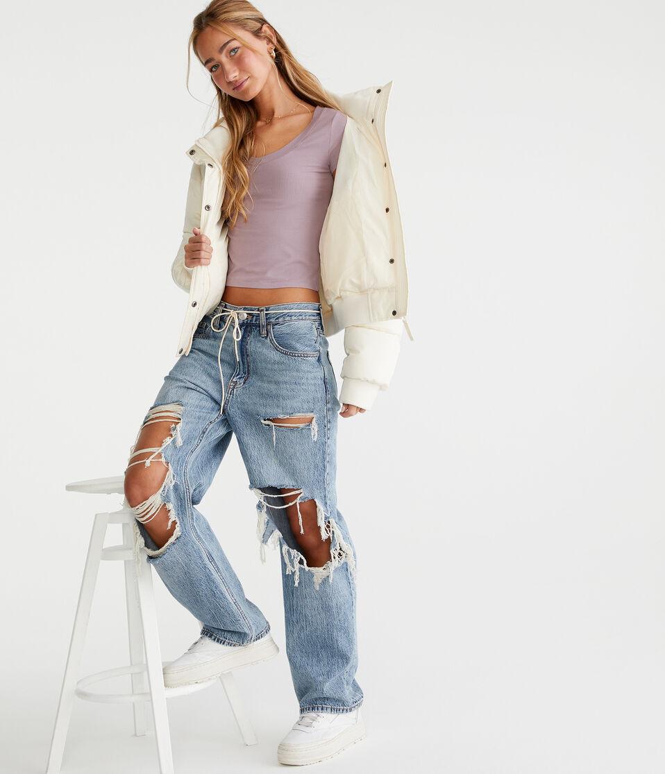 Aéropostale Seriously Soft Ribbed V-Neck Baby Tee Mauve Lace