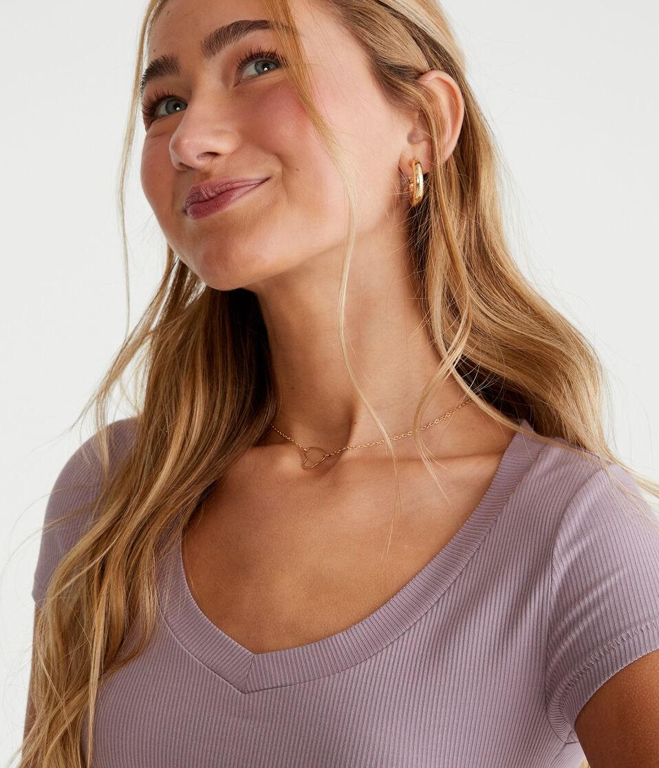 Aéropostale Seriously Soft Ribbed V-Neck Baby Tee Mauve Lace
