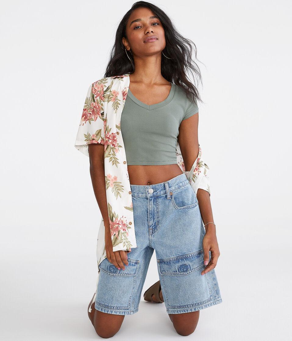 Aéropostale Seriously Soft Ribbed V-Neck Baby Tee Olive Cloud