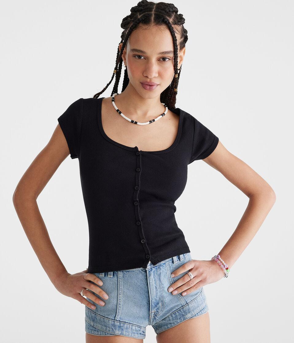 aéropostale Seriously Soft Scoop-Neck Button-Front Tee black fox