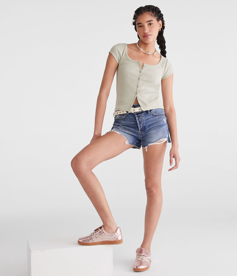 Aéropostale Seriously Soft Scoop-Neck Button-Front Tee Organic Olive