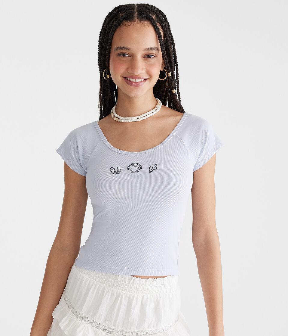 aéropostale Seriously Soft Seashells Cropped V-Neck Tee skysail blue