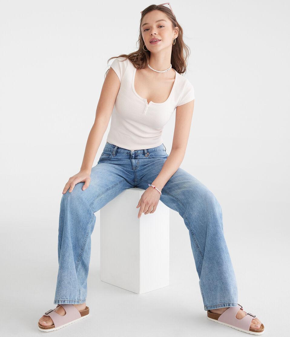 Aéropostale Seriously Soft Striped Henley Tiny Top Cream