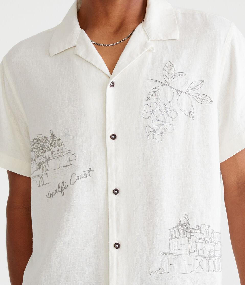 Aéropostale Short Sleeve Amalfi Coast Embroidered Linen Shirt Cream