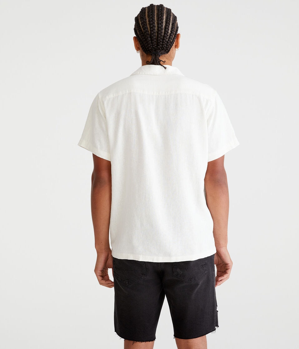 Aéropostale Short Sleeve Amalfi Coast Embroidered Linen Shirt Cream