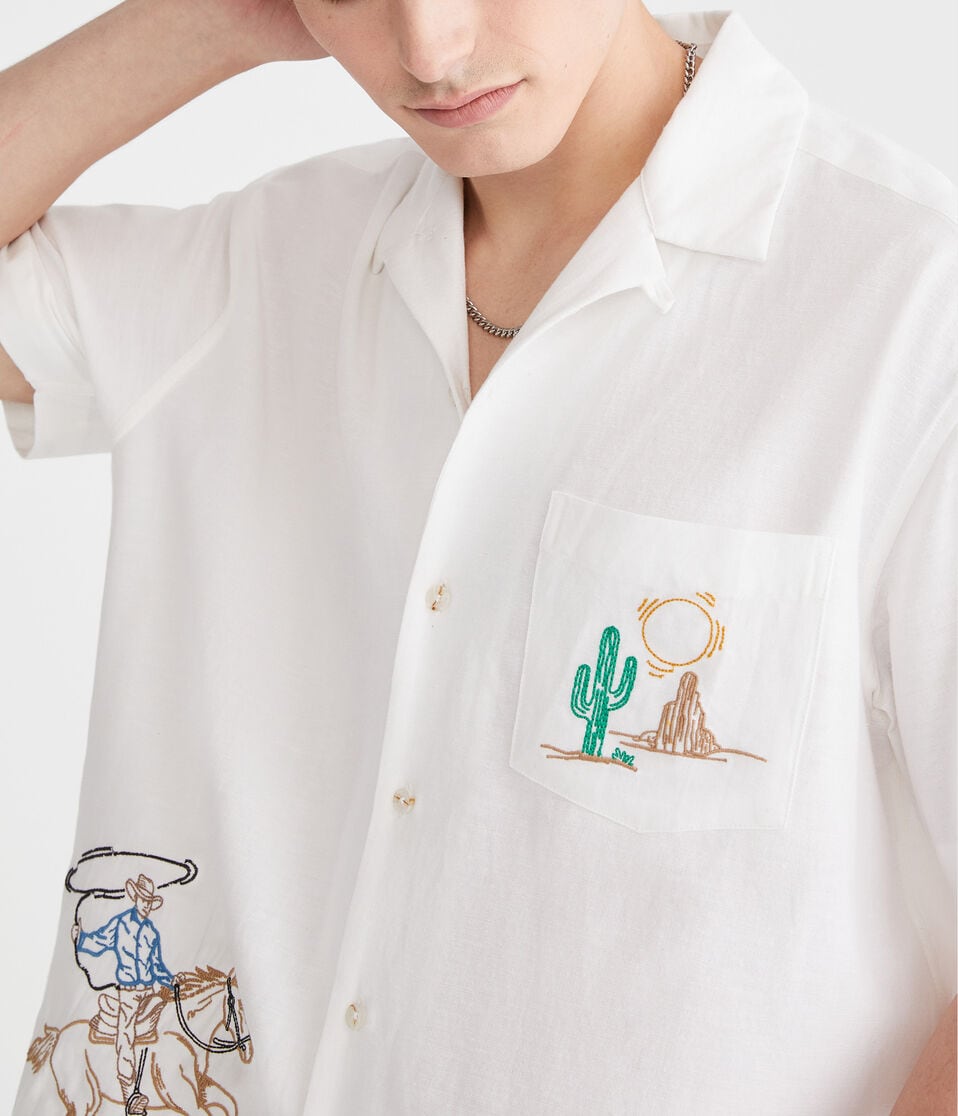 Aéropostale Short Sleeve Cowboy Boxy Linen Camp Shirt Cream