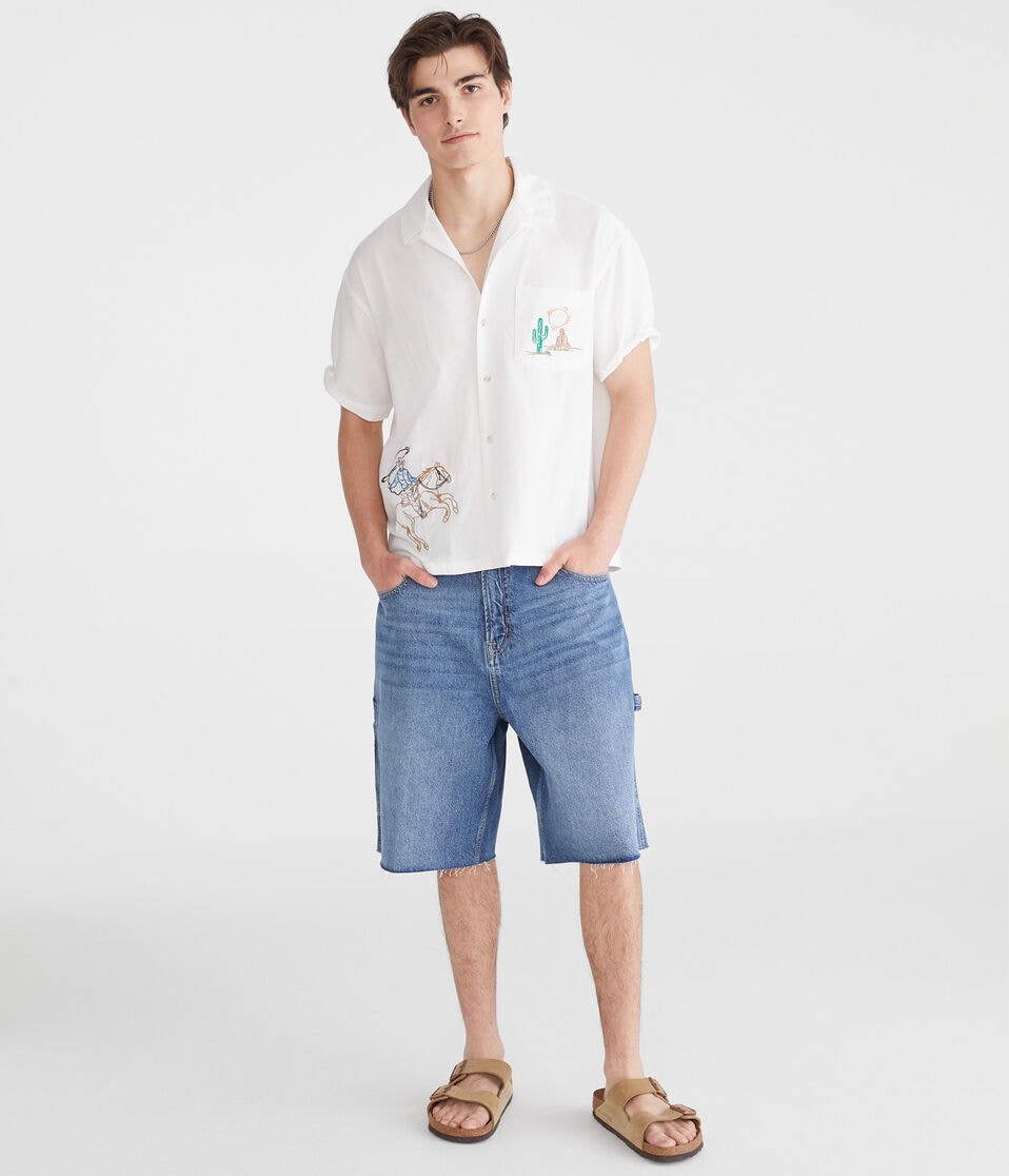 Aéropostale Short Sleeve Cowboy Boxy Linen Camp Shirt Cream