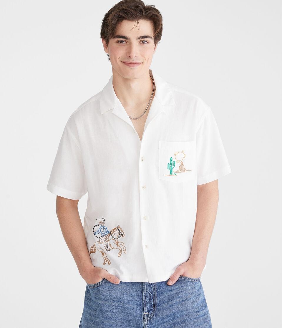 aéropostale Short Sleeve Cowboy Boxy Linen Camp Shirt cream
