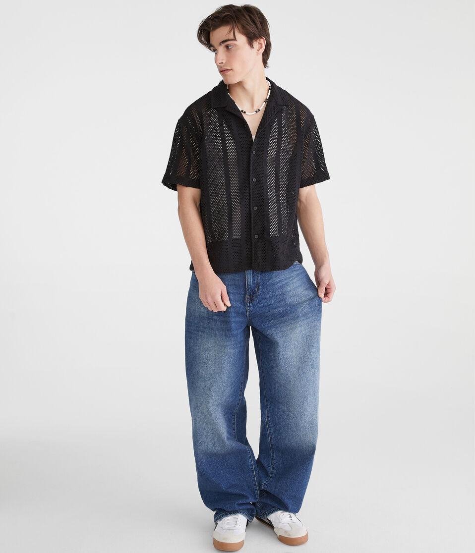 Aéropostale Short Sleeve Crocheted Boxy Camp Shirt Black Fox