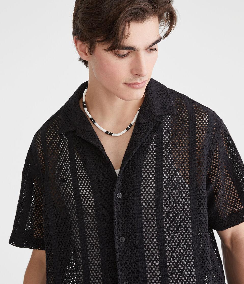 Aéropostale Short Sleeve Crocheted Boxy Camp Shirt Black Fox