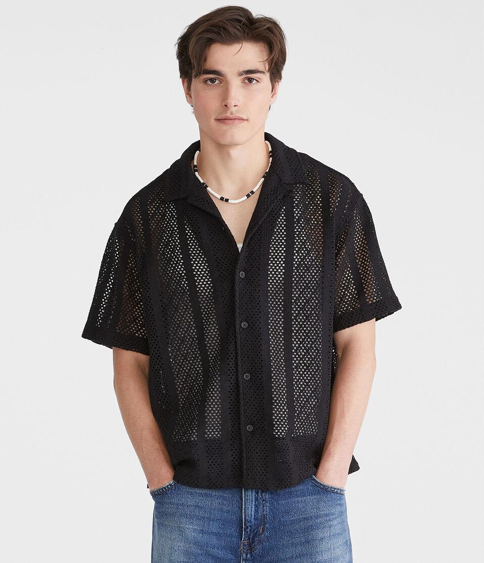 aéropostale Short Sleeve Crocheted Boxy Camp Shirt black fox