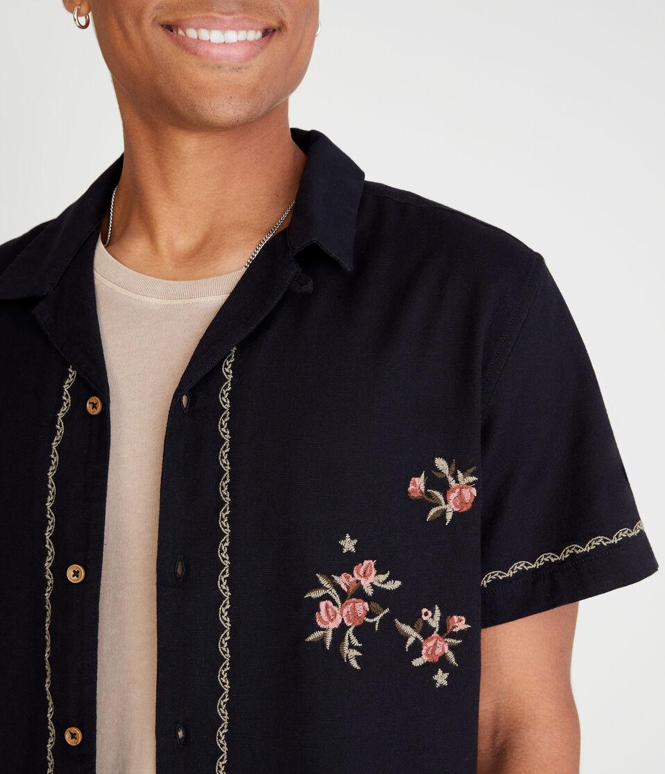 Aéropostale Short Sleeve Embroidered Floral Linen Shirt Black Fox