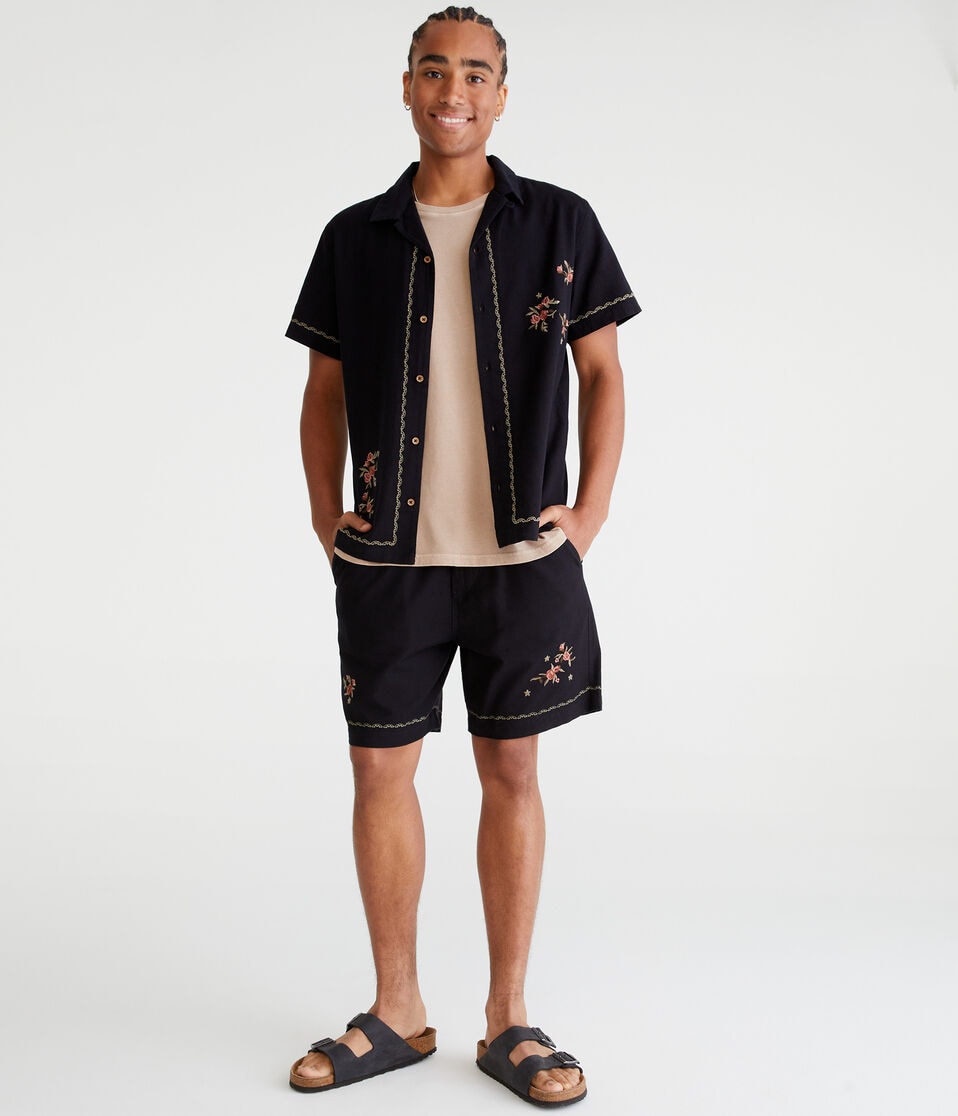 Aéropostale Short Sleeve Embroidered Floral Linen Shirt Black Fox
