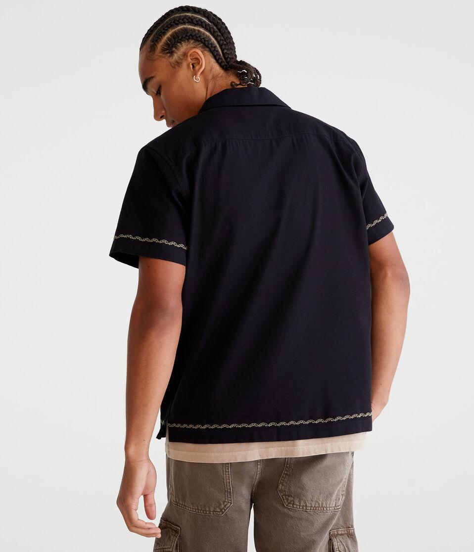 Aéropostale Short Sleeve Embroidered Floral Linen Shirt Black Fox