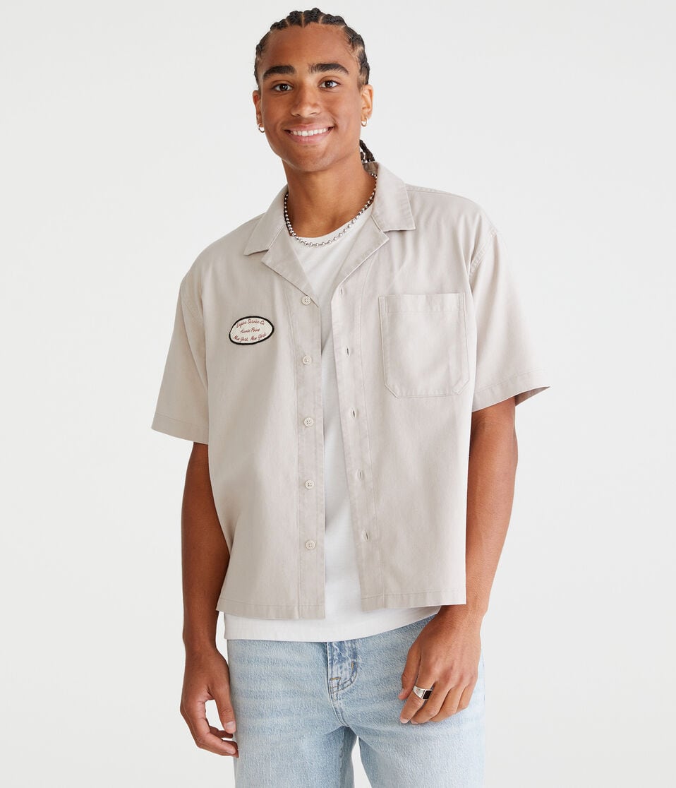 Aéropostale Short Sleeve Engine Service Co. Mechanic Shirt Silver Cloud