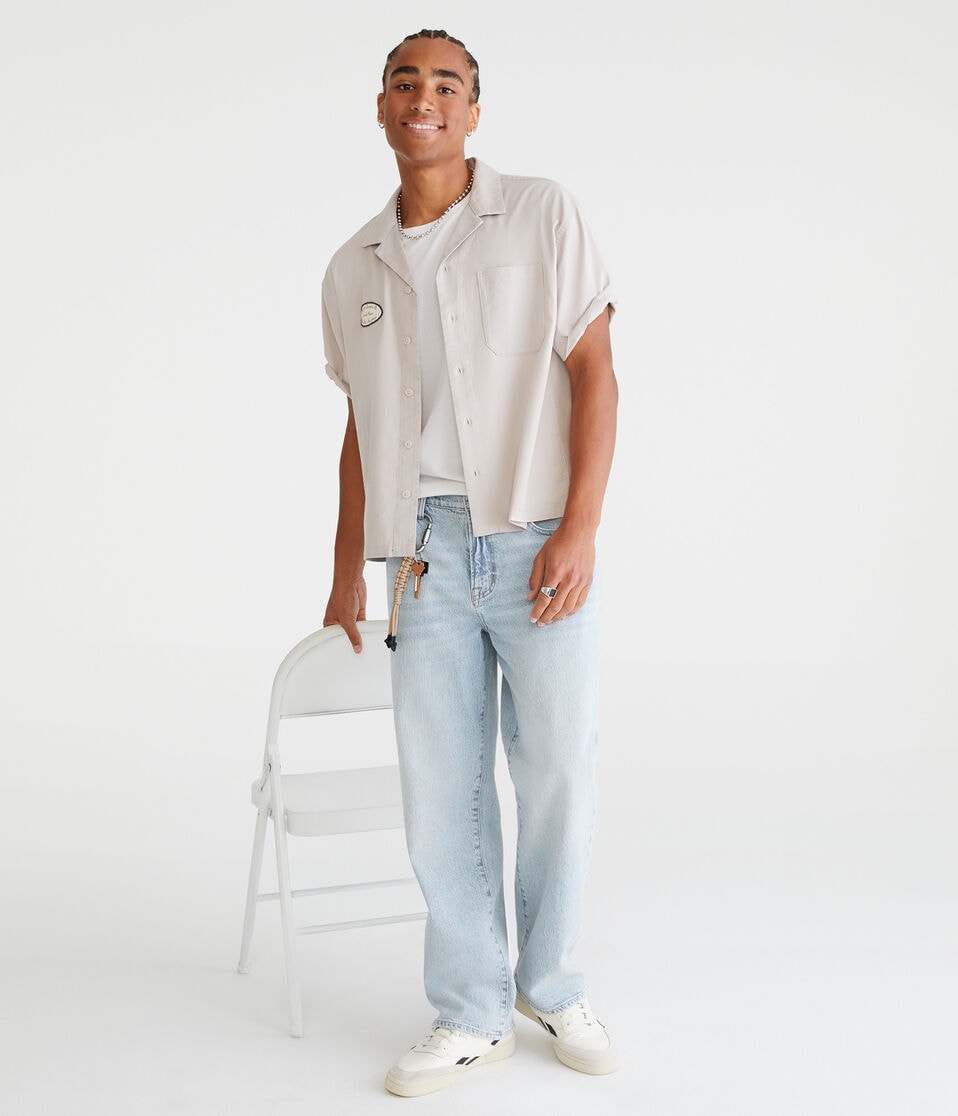 Aéropostale Short Sleeve Engine Service Co. Mechanic Shirt Silver Cloud