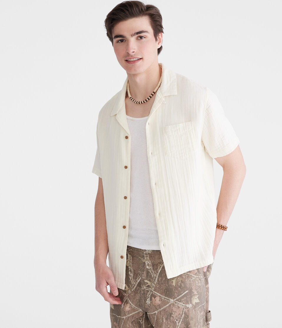 aéropostale Short Sleeve Gauze Camp Shirt stark white