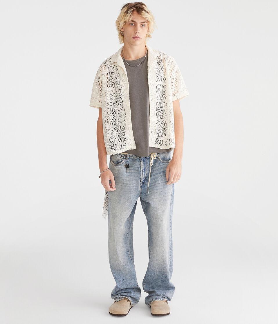 Aéropostale Short Sleeve Lace Boxy Camp Shirt Stark White