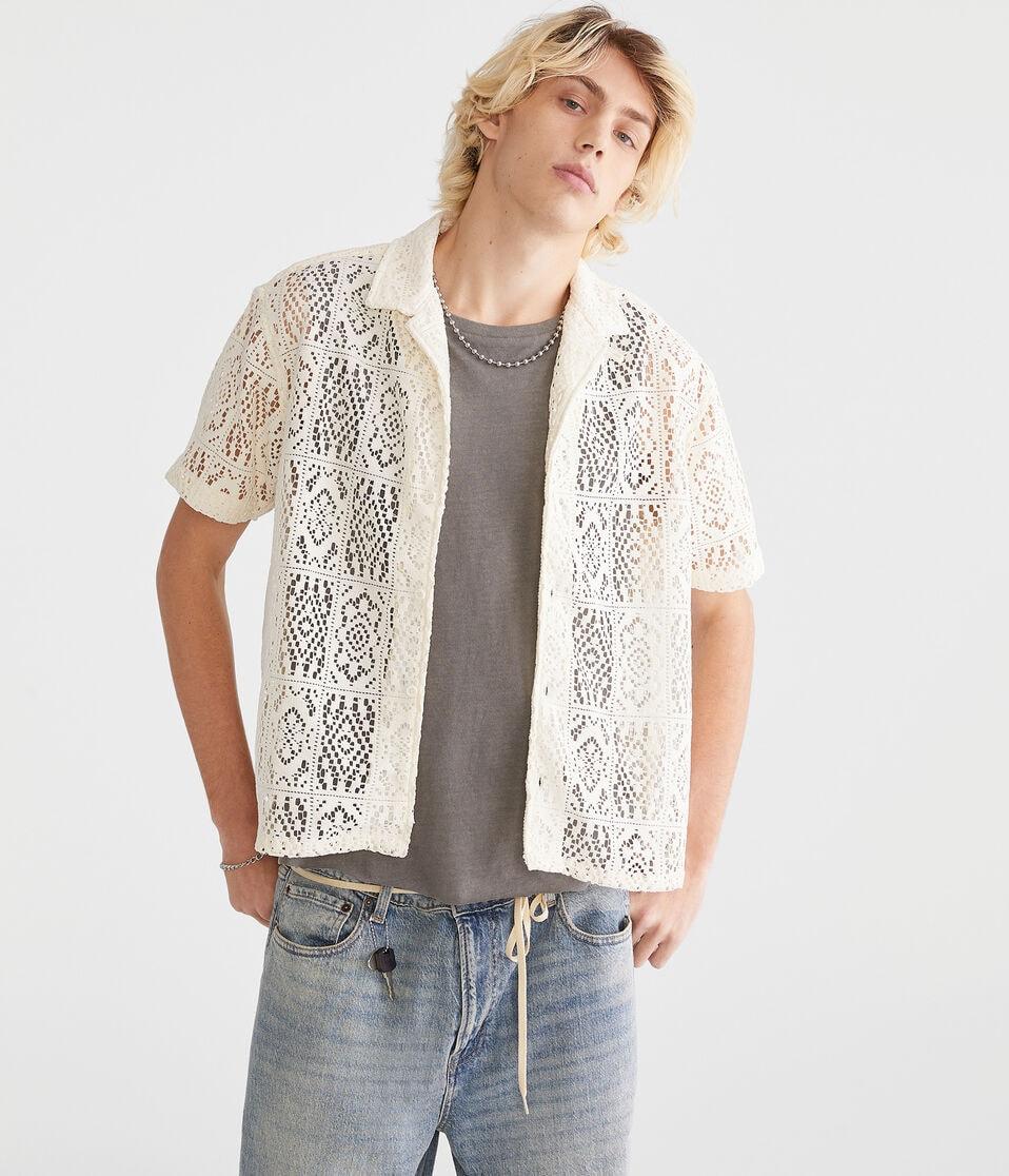 aéropostale Short Sleeve Lace Boxy Camp Shirt stark white