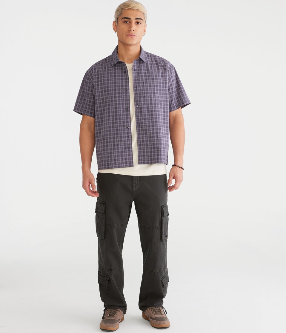 Aéropostale Short Sleeve Micro Plaid Boxy Shirt Camo Blue