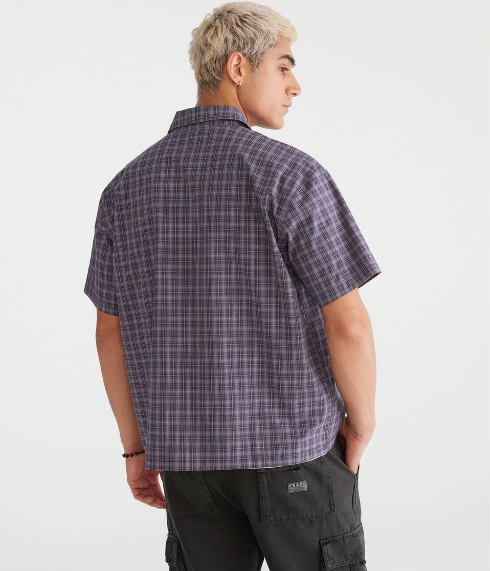 Aéropostale Short Sleeve Micro Plaid Boxy Shirt Camo Blue