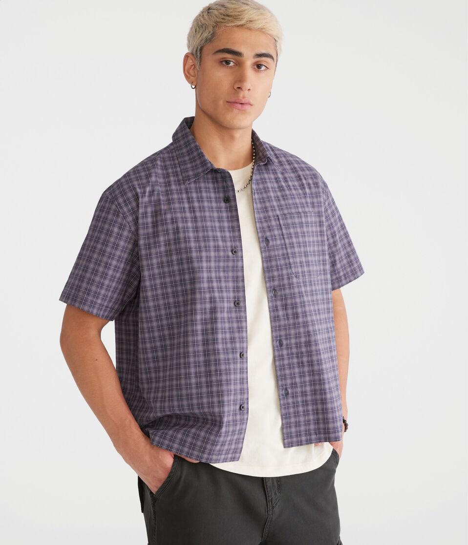 aéropostale Short Sleeve Micro Plaid Boxy Shirt camo blue