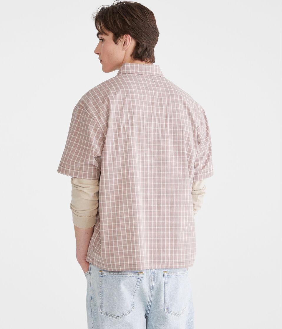Aéropostale Short Sleeve Micro Plaid Boxy Shirt Cool Beige
