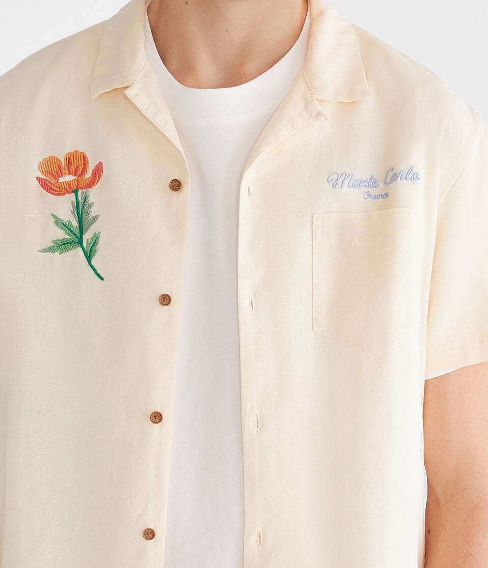 Aéropostale Short Sleeve Monte Carlo Linen Camp Shirt Soft Cream