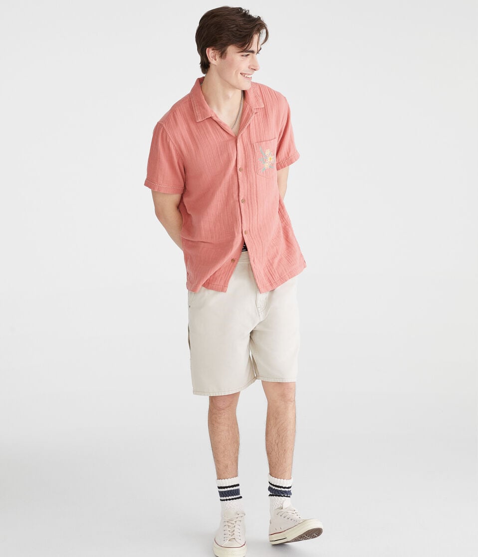 Aéropostale Short Sleeve Stitched Floral Gauze Camp Shirt Light Mahogany