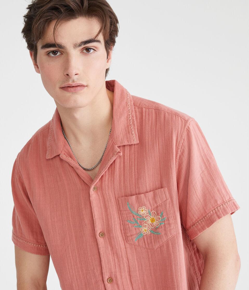 Aéropostale Short Sleeve Stitched Floral Gauze Camp Shirt Light Mahogany