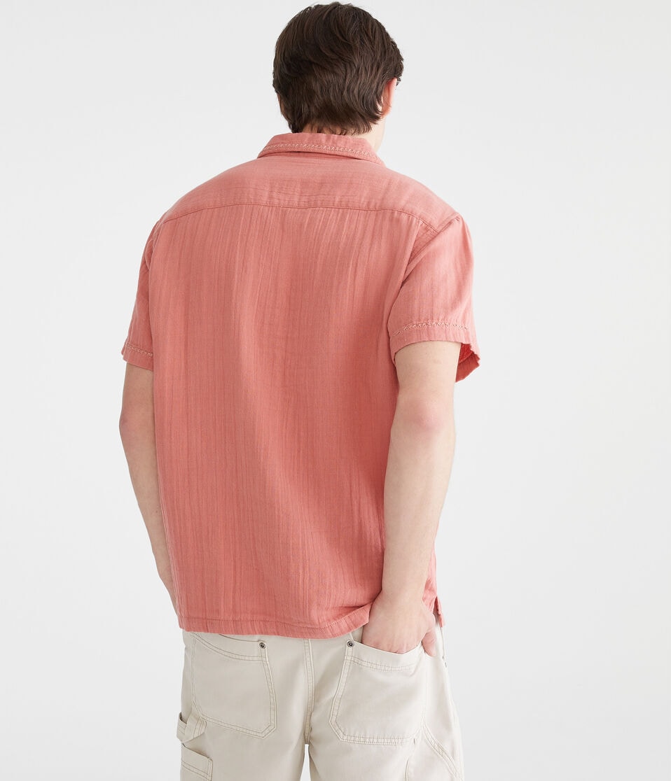 Aéropostale Short Sleeve Stitched Floral Gauze Camp Shirt Light Mahogany