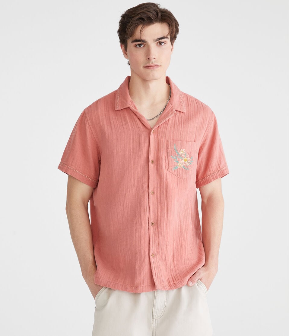 aéropostale Short Sleeve Stitched Floral Gauze Camp Shirt light mahogany