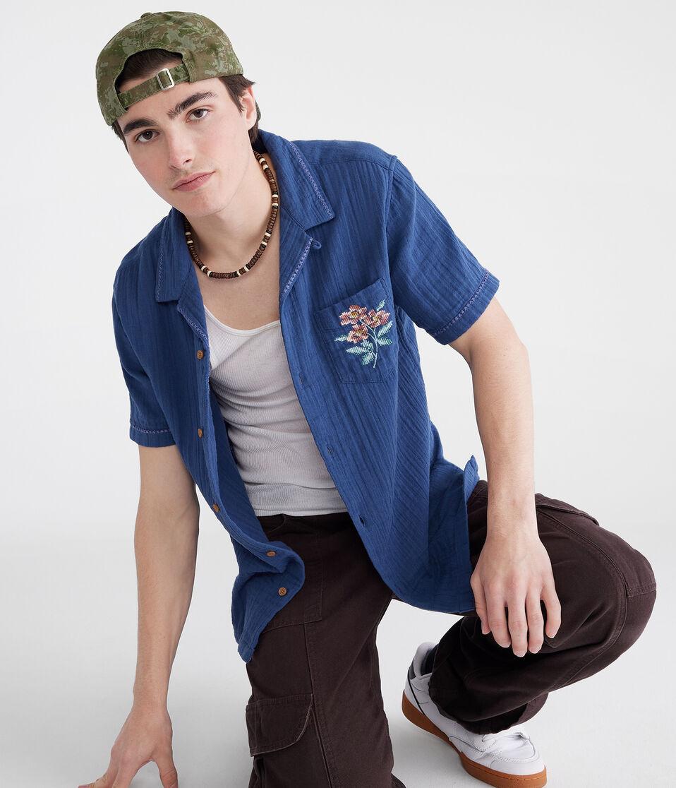 Aéropostale Short Sleeve Stitched Floral Gauze Camp Shirt Pine Grove