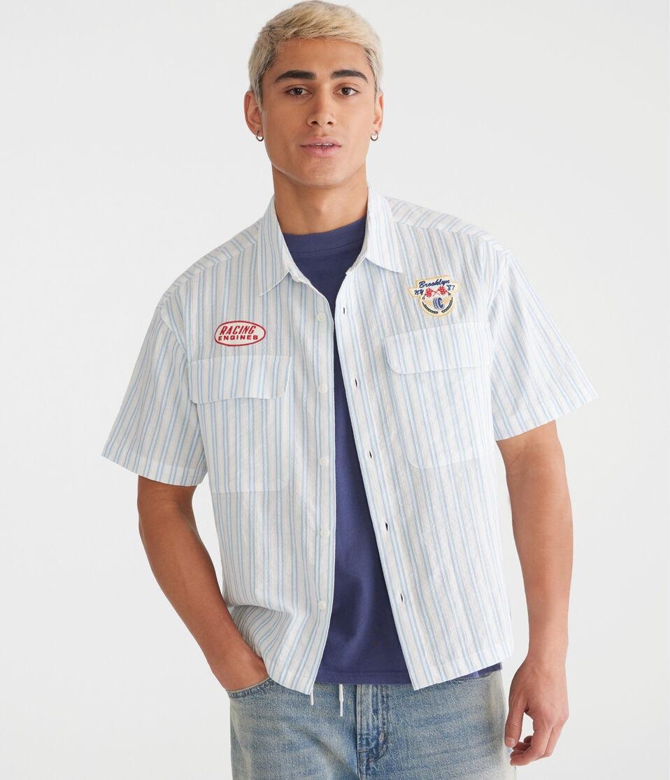 Aéropostale Short Sleeve Striped Brooklyn Racing Mechanic Shirt Princess Blue