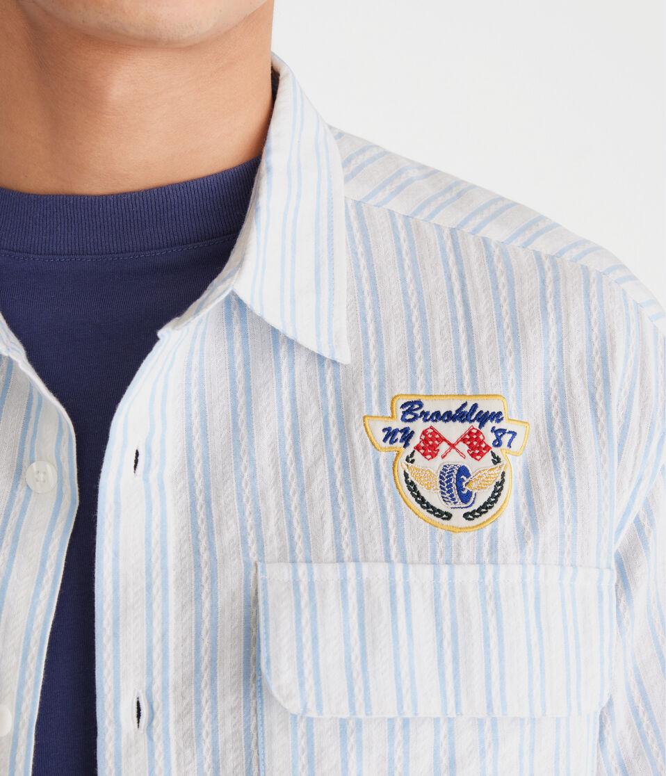 Aéropostale Short Sleeve Striped Brooklyn Racing Mechanic Shirt Princess Blue